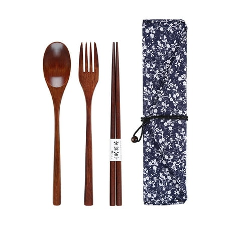 

Wooden Fork Spoon Three-piece Suit Japanese Korea Style Travel Portable Tableware Nice Dinnerware(No Entangled 3 Piece Set + Morn