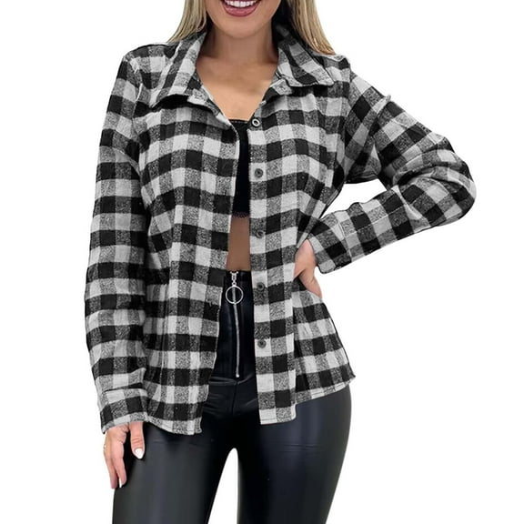iHPH7 Womens Shacket Women's Outerwear Plaid Jacket for Woman Casual Outerwear Plaid Shacket Women's Fashion Womens Jacket Black L