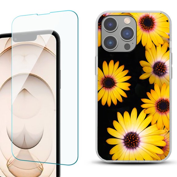 OneToughShield ® for iphone 13 Pro Shockproof Phone Case, with Tempered Glass Screen Protector - Yellow Flower