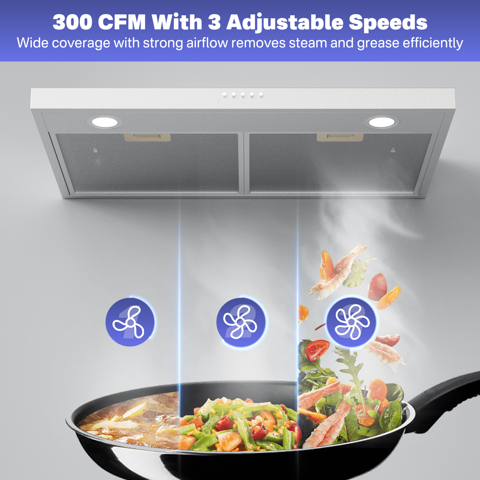 Graceall 29 Inch Under Cabinet Range Hood, Slim Stainless Steel Kitchen Vent Hood 300 CFM Ultra Quiet Brushless Motor, Ducted/Ductless Convertible with LED Lights & Dishwasher Safe Filters
