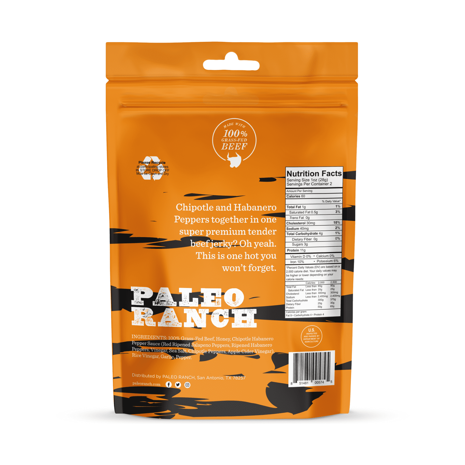 Paleo Ranch Chipotle Habanero Beef Jerky, 2 oz (Pack of 4)