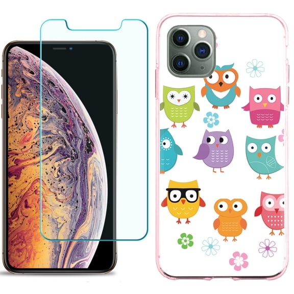 For Apple iPhone 11 PRO Case, Slim-Fit TPU Protective Phone Case (Pink Bezel) with Tempered Glass Screen Protector, by OneToughShield ® - Happy Owl