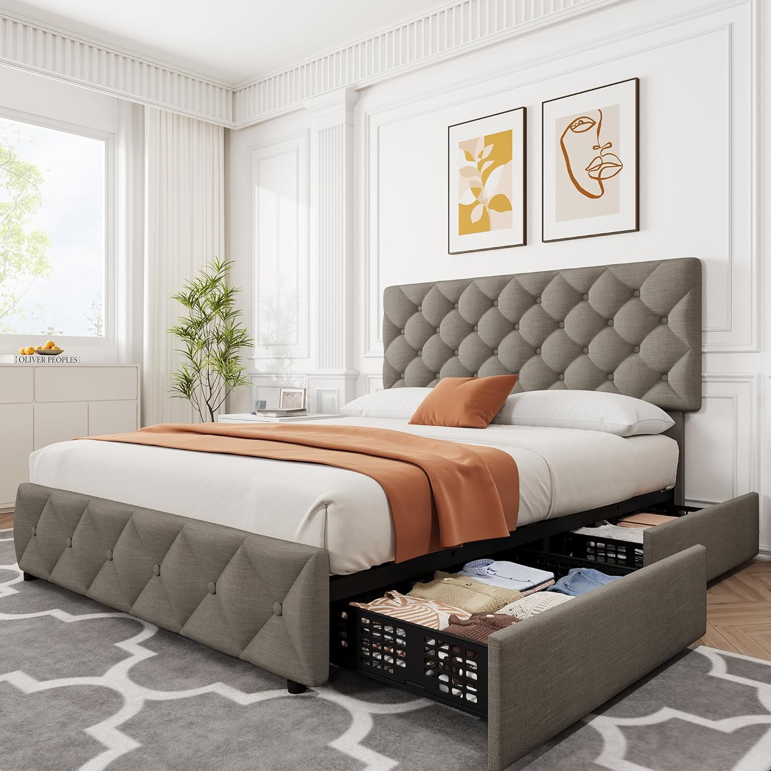 GARVEE Queen Size Bed Frame, with 4 Storage Drawers & Adjustable Headboard, Light Gray