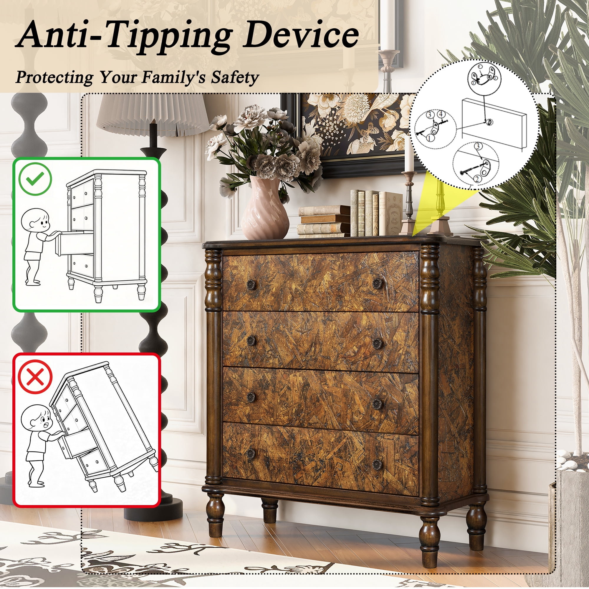 Aukfa 4 Drawer Dresser, 32" Chest of Drawers Bedroom Storage Cabinet for Small Spaces,Walnut