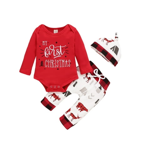 

Canrulo Newborn Baby Boy Girl My First Christmas Outfits Romper Bodysuit+ Pants+ Hat 3Pcs Pajamas Set Red 6-9 Months