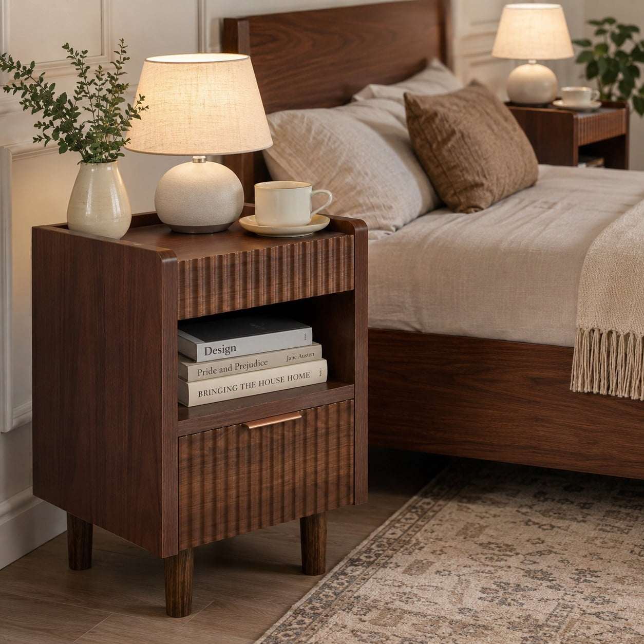 Aukfa Fluted Nightstands Set of 2,Bedside Tables End Tables with Drawer for Bedroom,Walnut