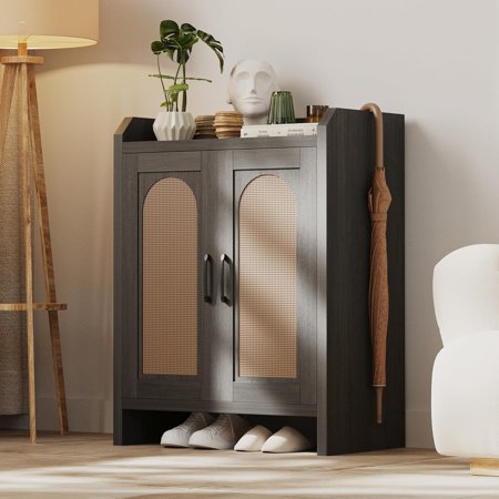 Shoe Cabinet Storage for Entryway Natural Rattan Shoes Cupboard Wooden Shoe Rack with Doors and Shelves Farmhouse Wood Shoe Organizer Cabinet for Hallway Black