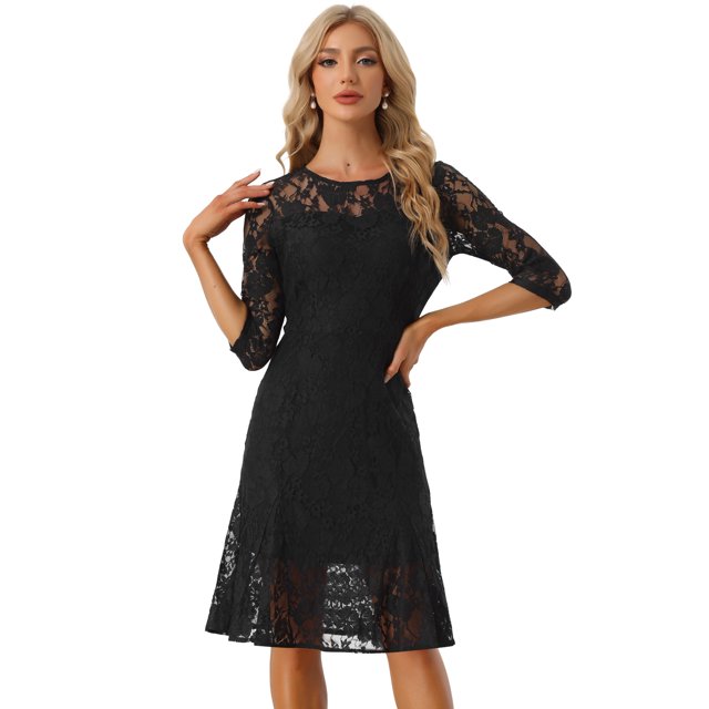 Vestido Elegante de Encaje para Mujer Mangas 3/4 Vestido con Diseño de Volantes Negro M