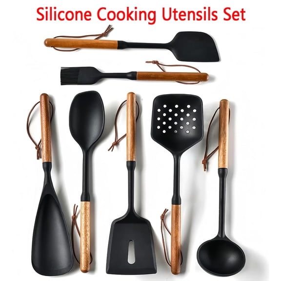 KOYPTL Silicone Cooking Utensils Set-7 PCS Kitchen Utensils Set with 446°FHeat-Resistant Silicone & Wood Handle Non-Toxic, Kitchen Utensils Spatula Set Includes Spatula & Spoon for Non-Stick Cookware
