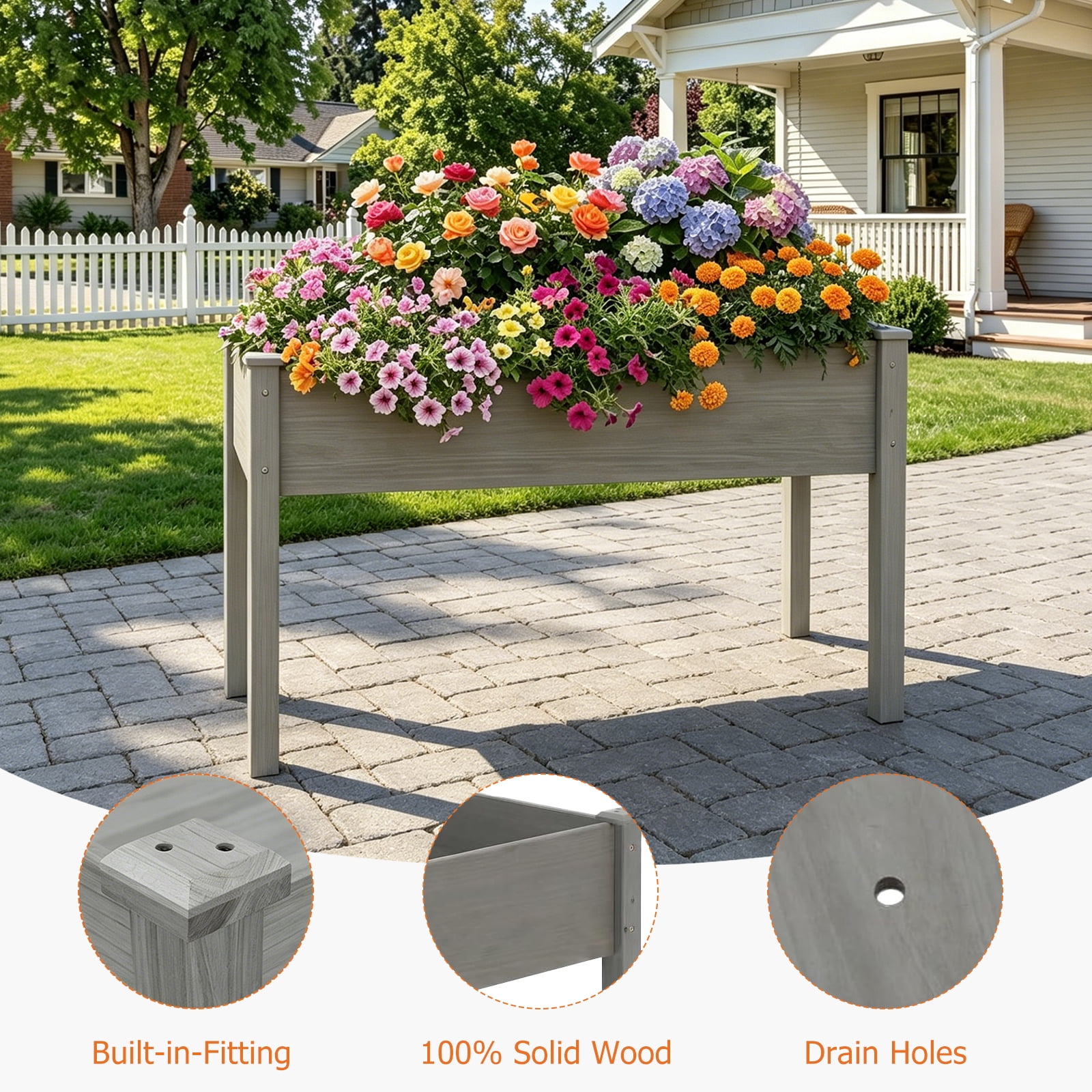 Atilioo Wooden Raised Garden Bed with Legs, 48x24x30 Inch Elevated Reinforced Planter Box for Backyard, Patio, Balcony w/ Liner, Gray