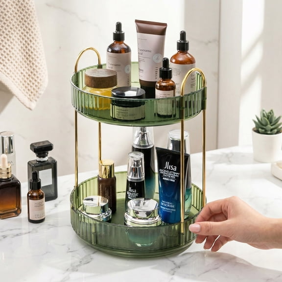 Acrylic Rotating Makeup Organizer 2-tier, Multi-function Lazy Susan Bathroom Counter Organizer, Storage Cosmetic, Skincare, Perfume for Bedroom, Bathroom