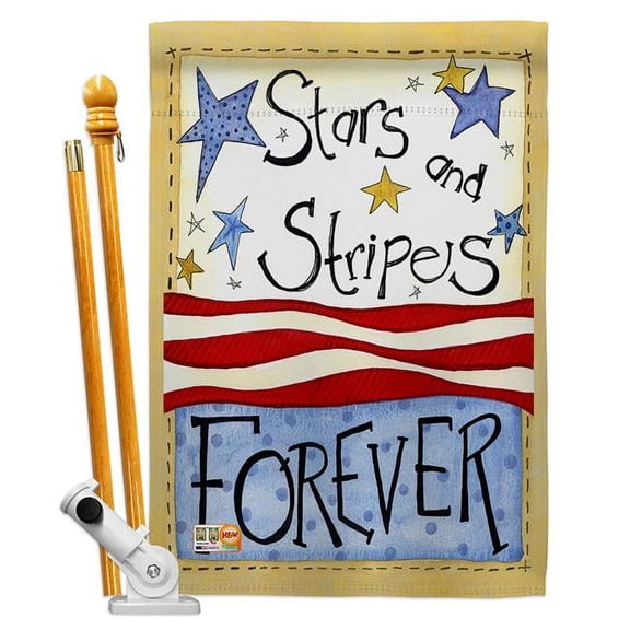 Breeze Decor BD-PA-HS-111005-IP-BO-D-US14-AL 28 x 40 in. Stars & Stripes Americana Patriotic Impressions Decorative Vertical Double Sided House Flag Set & Pole Bracket Hardware