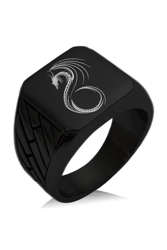Stainless Steel Serpentine Dragon Geometric Pattern Biker Style Polished Ring