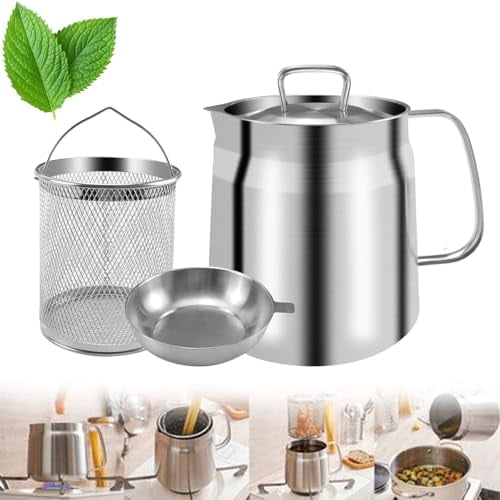 Crisp and Clean Fry Pot, 53/70oz 2 in 1 Fryer Oil Filter with Strainer and Basket, Large Capacity 304 Stainless Steel Oil Strainer Pot for Kitchen