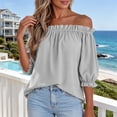 thumbnail image 2 of Tqcoqu Women's Solid Off Shoulder Ruffle Elastic 3/4 Puff Sleeve Blouse,Loose Flowy Summer Casual Pullover Top,Gray Women's S-XXL, 2 of 8