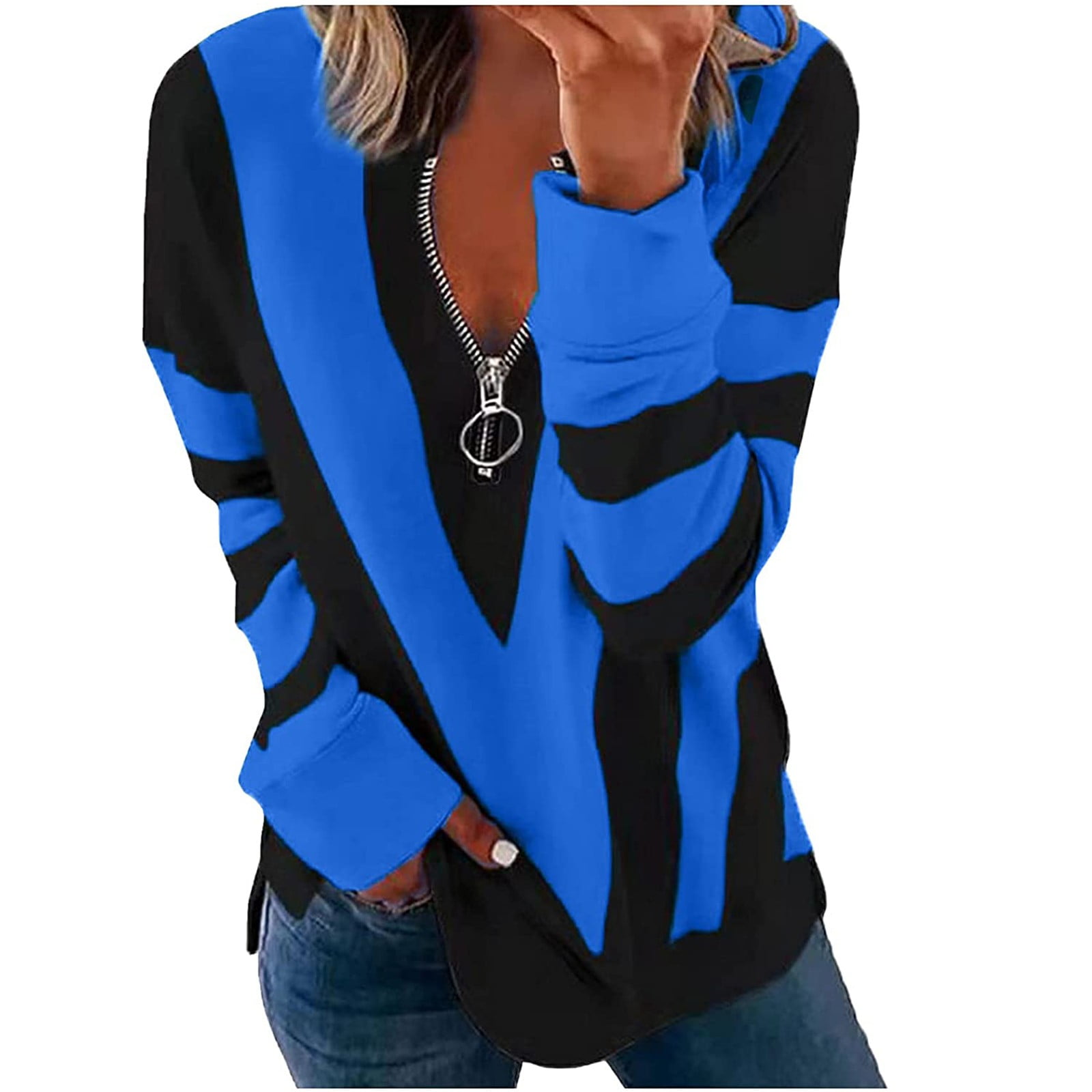 Plus Size Tops Womens Fall Fashion Western Tops for Ladies V-Neck Pullover  Trendy Long Sleeve Zip up T Shirts Color Block Sweatshirts Loose Tunic Blue  XXL 