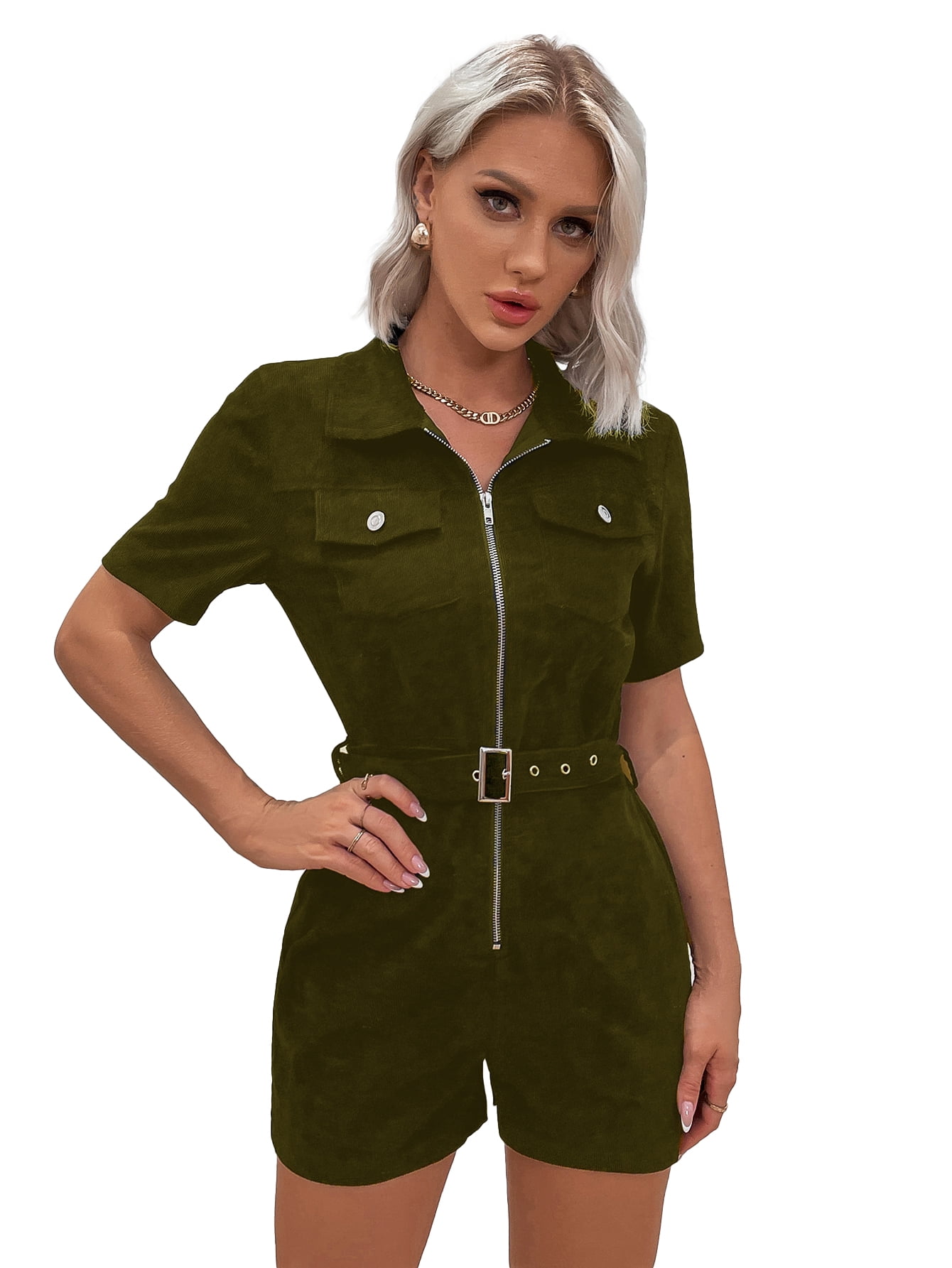 Eilly Bazar Army Green Corduroy Romper for Women Short Sleeve Flap Pocket Zipper Eyelet Buckled