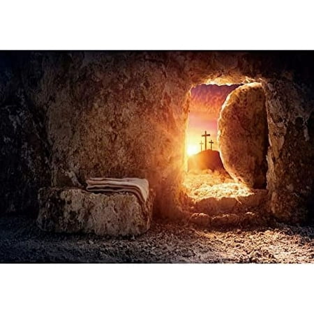 Image of 6x4FT Polyester Jesus Christ Cross Backdrop Sunrise Sunset Empty Tomb Easter Background Holy Light Hole Landscape Crucifixion Resurrection Christmas Easter Church Events Party Backdrop