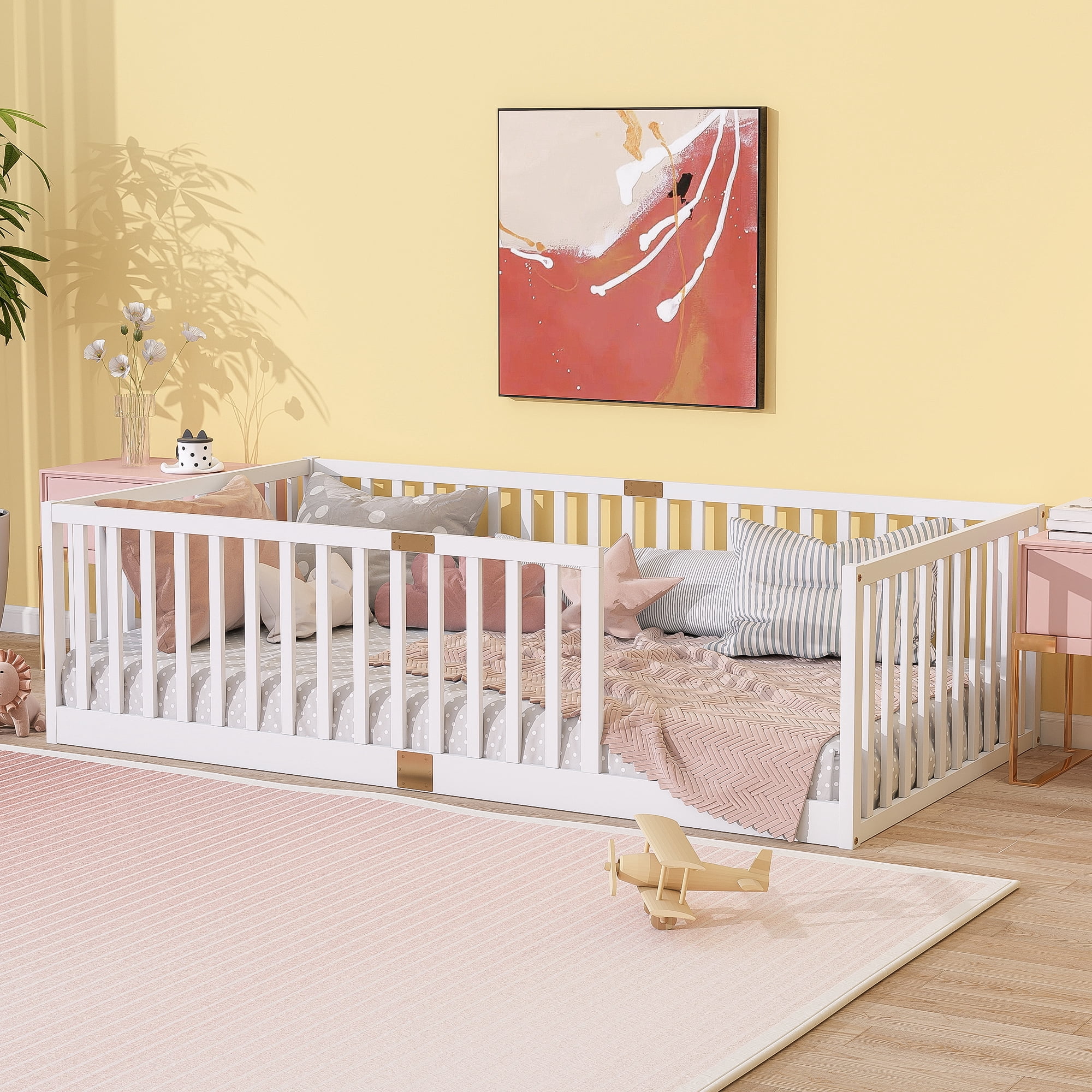 Sailvan Twin Floor Bed with High Fence Railings, Solid Rubber Wood Kids Platform Bed Frame White