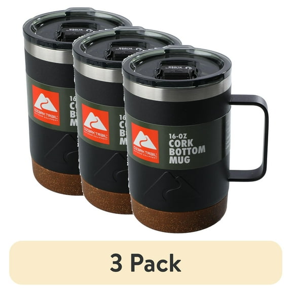 (3 pack) Ozark Trail 16 oz Stainless Steel Insulated Coffee Mug with Cork Bottom, Black