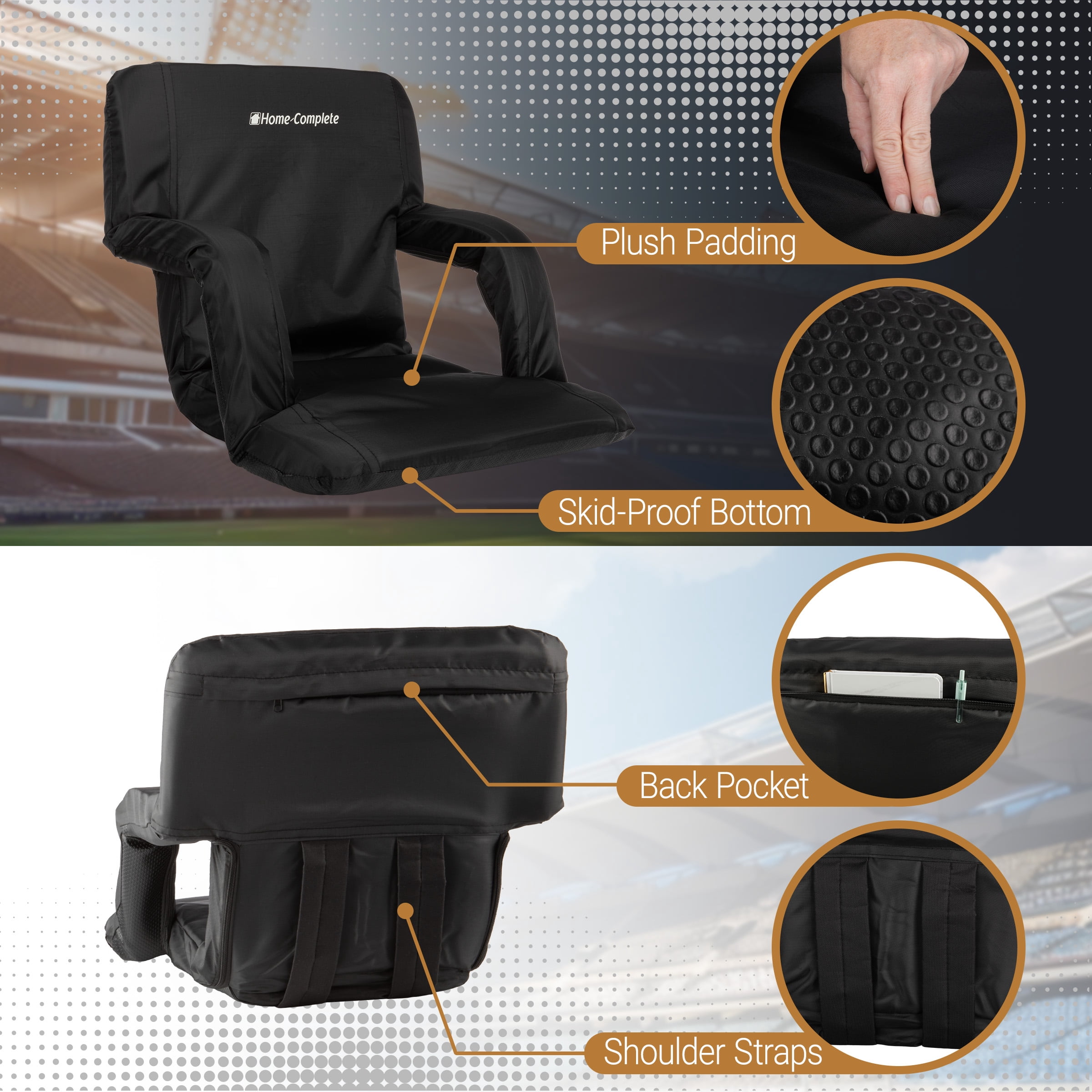 Home-Complete Stadium Seat 2-Pack with Padded Back Support (Black)
