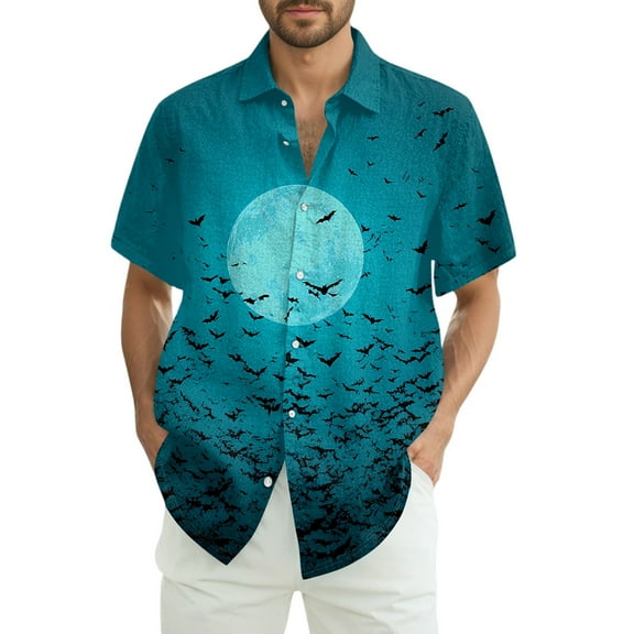 Resicozy Halloween Shirt Men Fun Pumpkins Short Sleeve Button Down Hawaiian Holiday Shirts Casual Graphic T-shirts Light Blue M