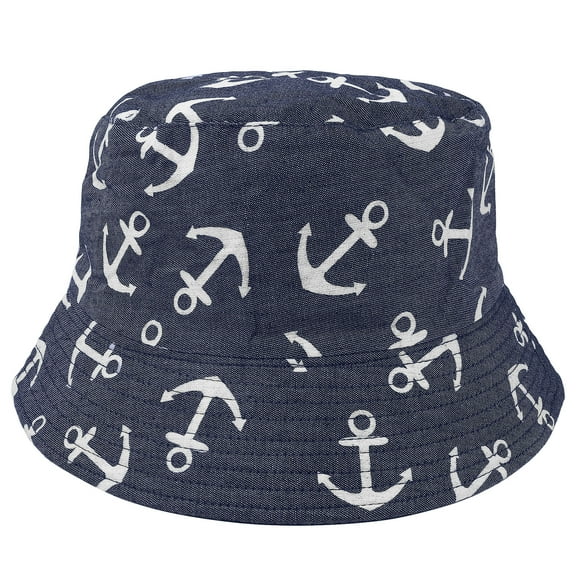 Anchor Reversible Bucket Hat For Men Women Summer Travel Beach Outdoor Fishing Hat 100% Cotton - J615-Navy