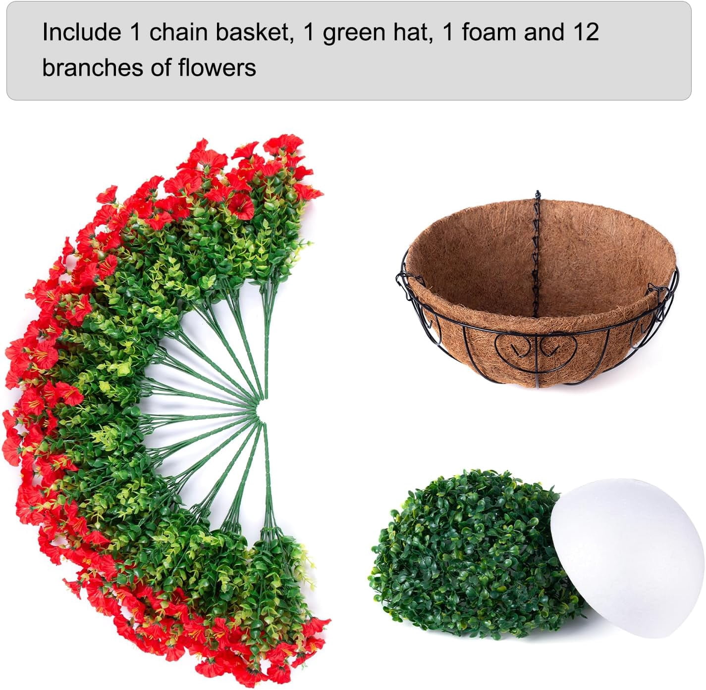 Artificial Faux Hanging Outdoor Plants Flowers Basket for Spring Summer Decoration, Fake Red Silk Morning Glory in Planter UV Resistant Look Real for Outside Porch Patio Balcony Home