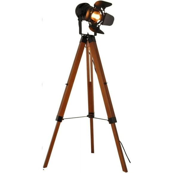 ERDS-Contemporary Tripod Floor Lamp with Metal Wood Leg - Vintage and Industrial Cinema Nautical Standing Reading Lamp - for Living Room, Bedroom, Study Room and Office, Black (no LED Light)