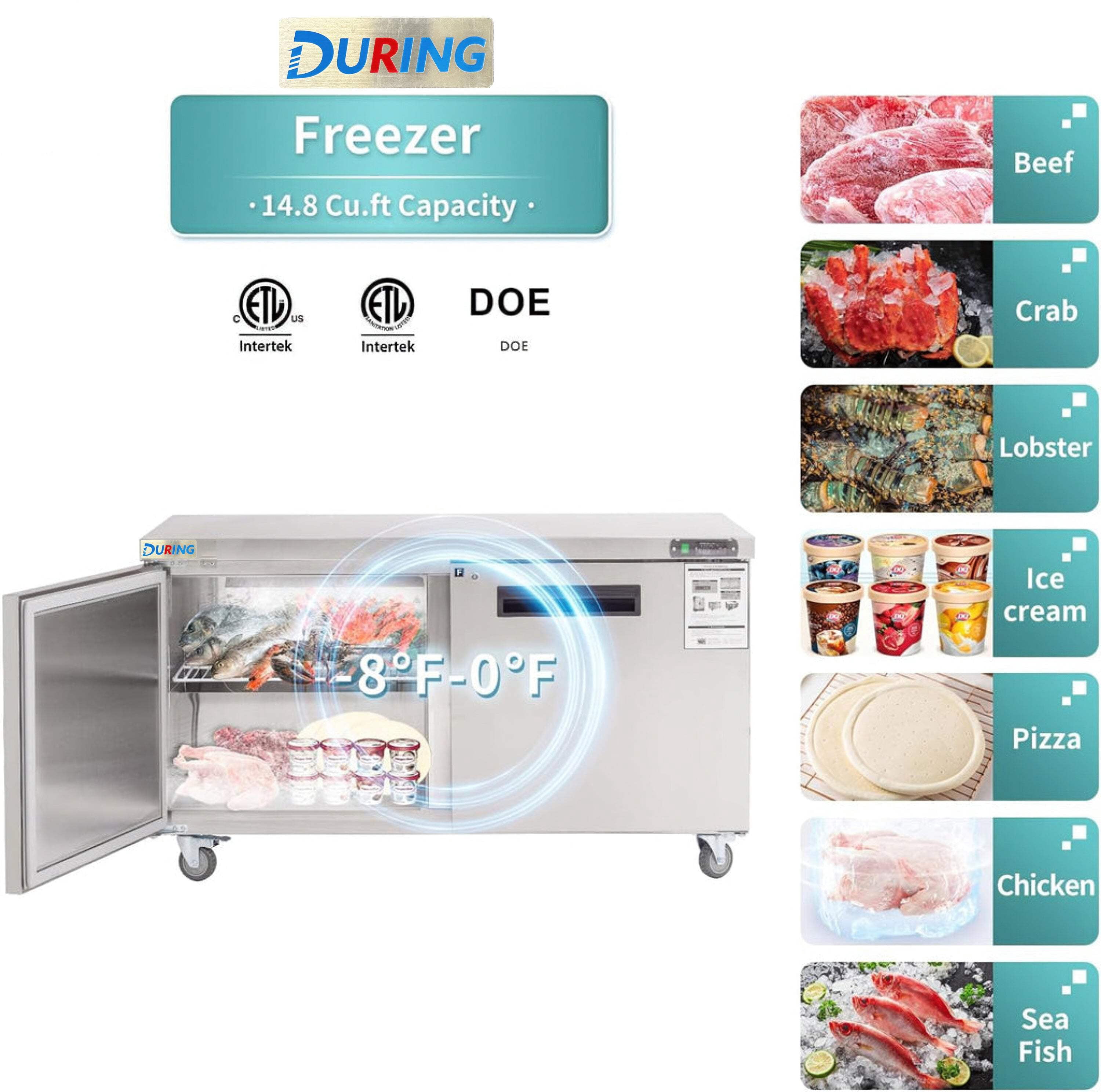 DURING D-KTF-60B 60" Double Door Stainless Steel Lowboy Worktop Freezer, 14.8 Cu.ft, Commercial Undercounter Freezer
