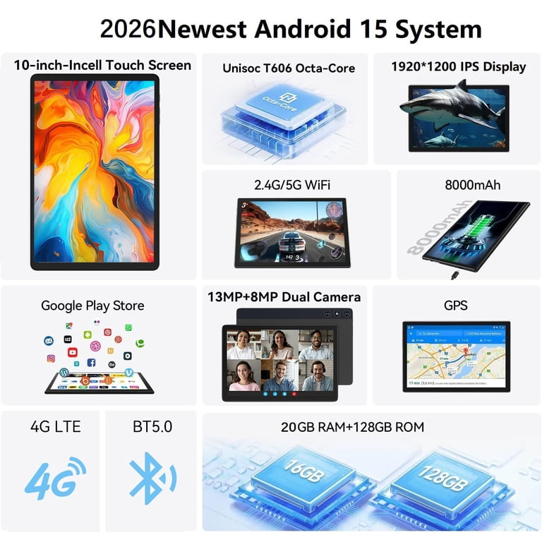 Android 15 タブレット 20GB RAM 128GB Android 15 Tablet,128GB ROM 14GB RAM,10inch 4G Phone Tablet,5G