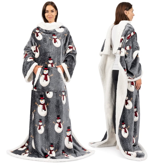 PAVILIA Sherpa Wearable Blanket with Sleeves for Adults Women Men, Soft Warm Full Body Wrap Fleece Throw, Pocket, Cozy Pullover Robe Blanket with Arm, Gifts for Christmas Mom Wife, Snowman