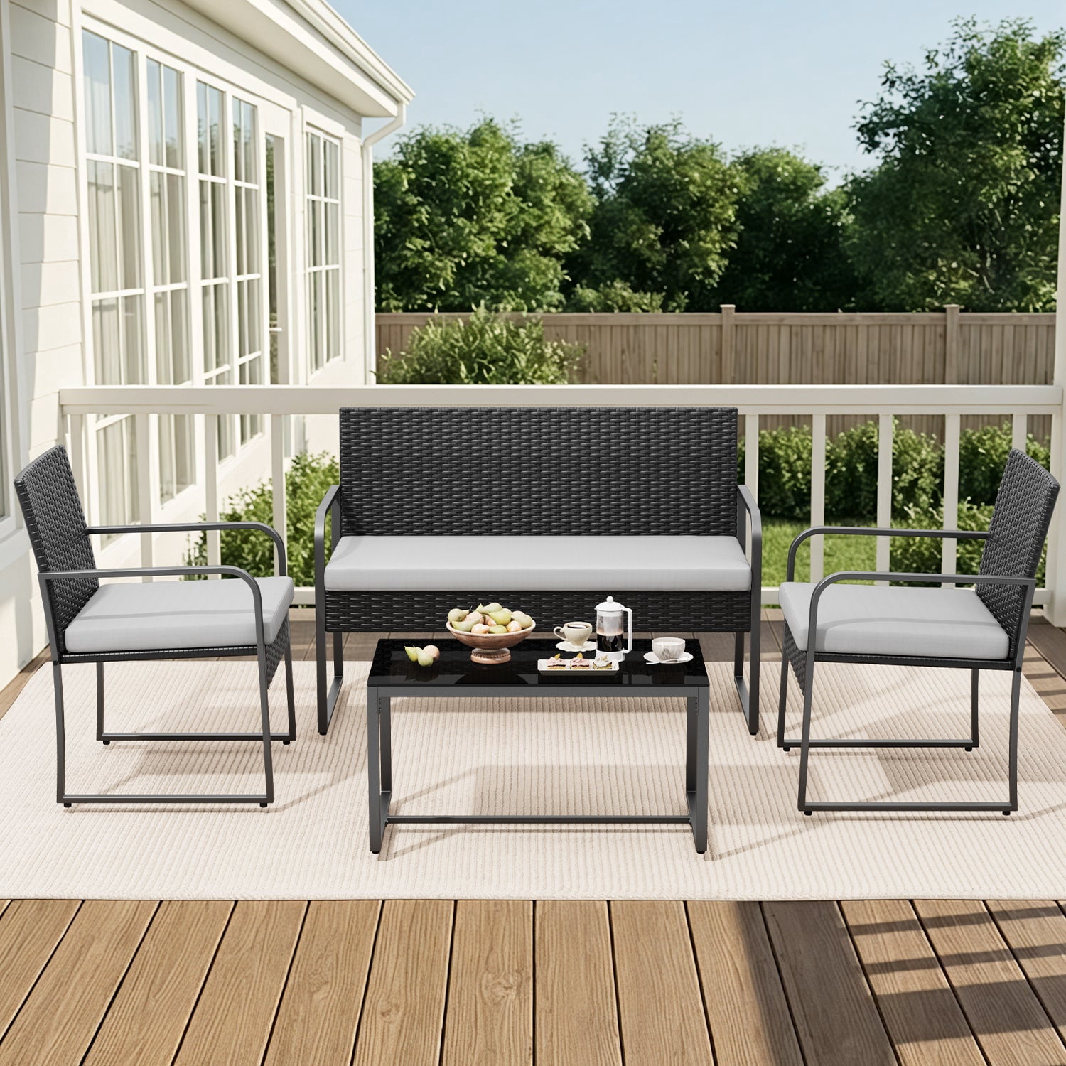 Patio Furniture Set, All-Weather 4 PCS Rattan Outdoor Conversation Set with Coffee Table & Soft Cushions, Perfect for Patio, Garden, Yard, Gray