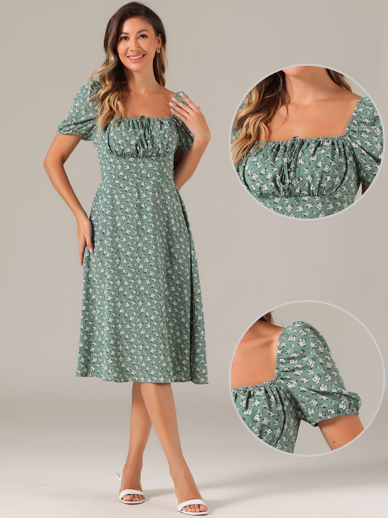 DARING DIVA Floral Puff Sleeve Smocked Square Neck Midi Dress XS Gray Green