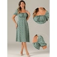 thumbnail image 2 of DARING DIVA Floral Puff Sleeve Smocked Square Neck Midi Dress L Gray Green, 2 of 6