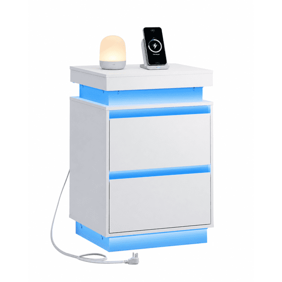 GALAXHERO White Nightstand with Charging Station and LED Lights, Modern 2 Drawers Bedside Table with Sliding Top, End Side Table for Bedroom, Living Room