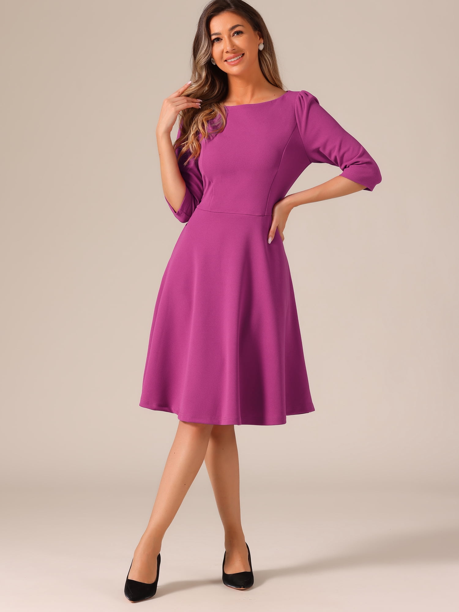 DARING DIVA Midi Boat Neck Short Sleeves A-Line Office Dress XS Purple