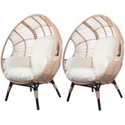 ZHYNNG 2 Pieces Patio PE Wicker Egg Chair Model 2 with Natural Color Rattan Beige Cushion