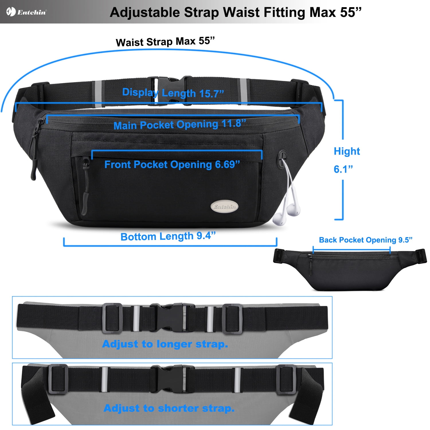 Adjustable Crossbody Strap 55 inch Max Length 