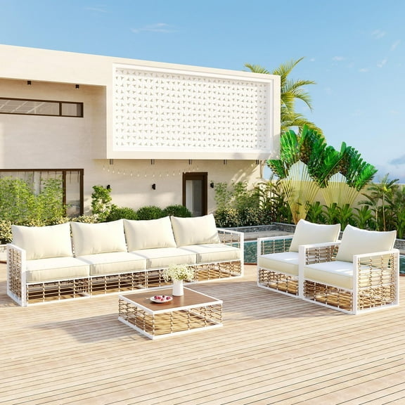 JESTOP 7 Piece Patio Furniture Set, Modern Minimalist Metal Patio Sectional Sofa Set with Thick Cushions and Coffee Table, All Weather Conversation Furniture Set for Indoor Outdoor, White