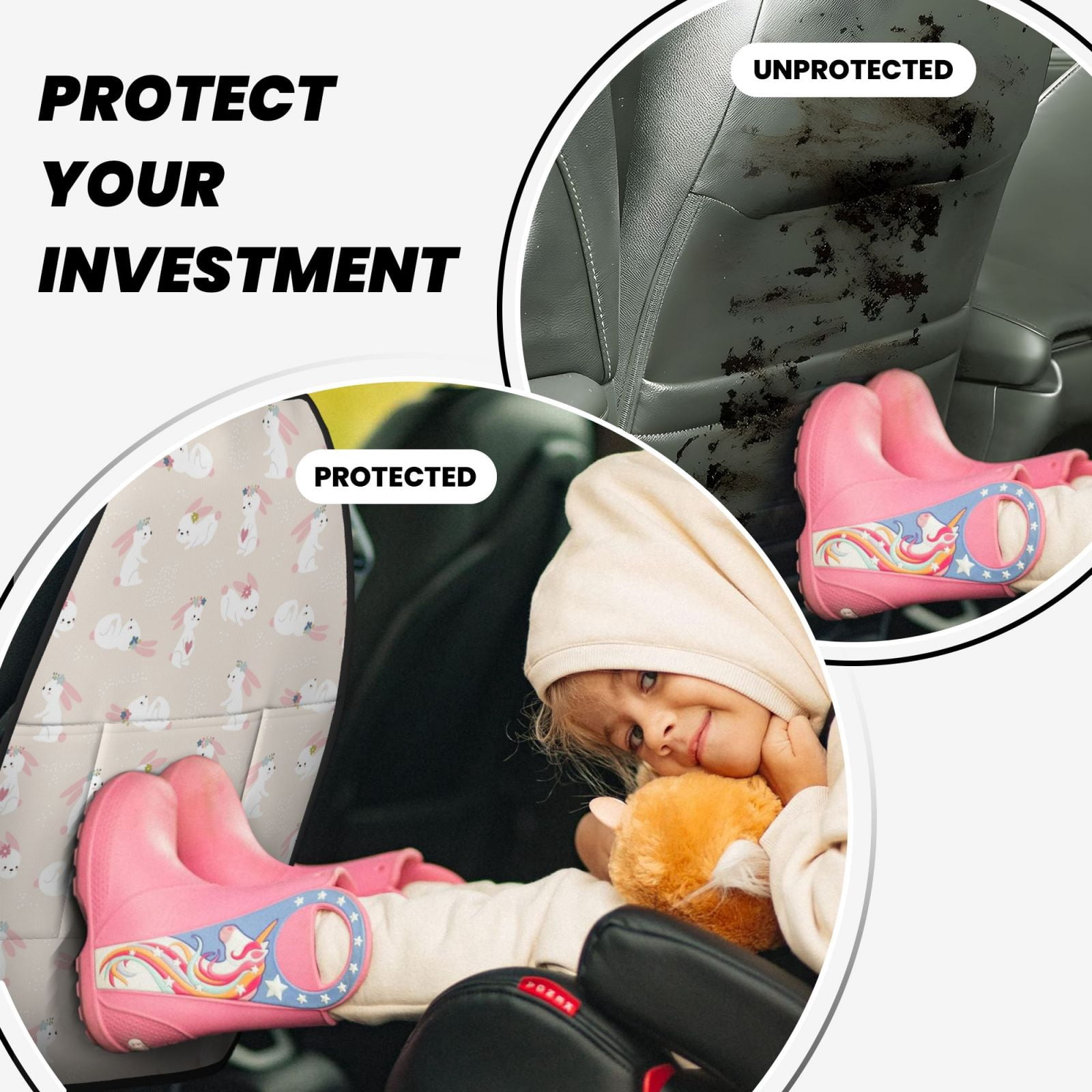 Kdxio Beautiful Rabbit Print 2 Pack Car Kick Mat Seat Cover Back Protector Mat with Pockets for Organizer Backseat Protector and Storage Anti Kick Pad for Vehicles