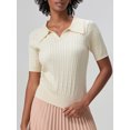 thumbnail image 3 of vera natura Women's Summer Cable Knit Tops Solid Color Short Sleeve Lapel V Neck Slim T-Shirt, 3 of 9