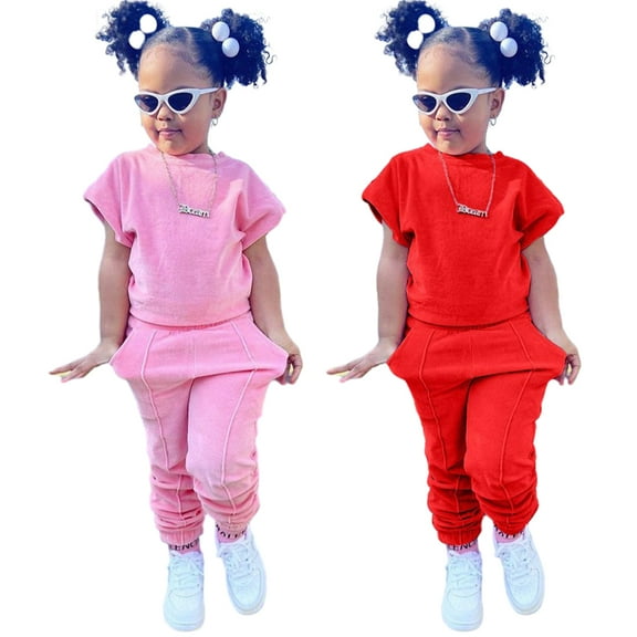 KYAIGUO 1-9Y Toddler Baby Girls Summer Sweatshirt Set Kids Short Sleeve Crewneck Sweatsuit Long Pants Set 2PCS Spring Casual Jogging Pants Suits