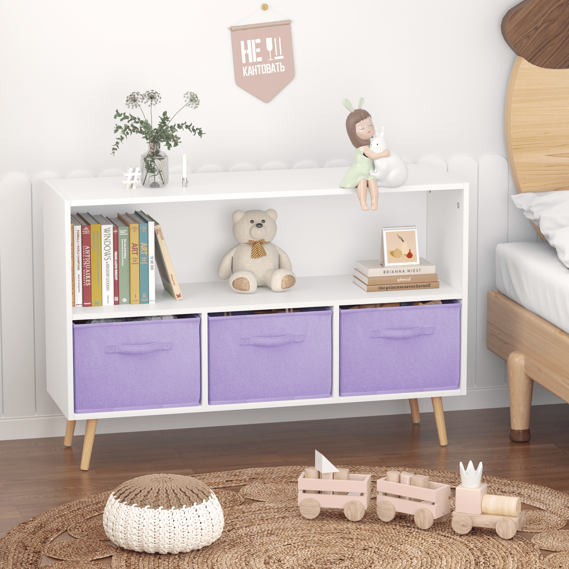 Aukfa Kids Bookcase with 3 Collapsible Drawers, Display Stand Toy Storage Organizer for Bedroom/Playroom,Purple