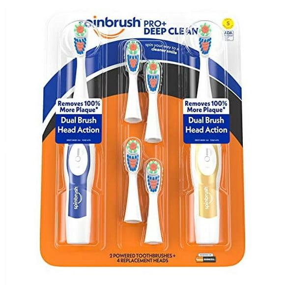 RM & HAMMER Spinbrush PRO Clean Soft Family Pack- 2 Brushes Plus 4 Refill Heads- Battery Powered Toothbrush Multi-Pack- Soft Bristles