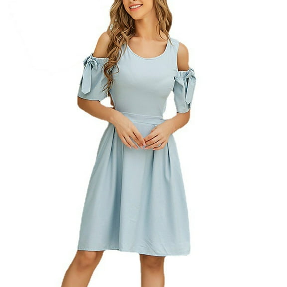 Arnsht Women's Summer Casual Dress Off Shoulder Flutter Sleeve Bow Round Neck Midi Swing Cassual Formal Dresses with Pocket Light Blue M