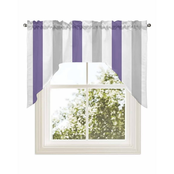 Purple Grey Striped Kitchen Curtains Swag Valance for Windows/Bathroom/Cafe, Geometric Vertical Stripes Minimalist Rod Pocket Drape Panel Swag Curtains Valance for Bedroom/Living Room 56"x36"