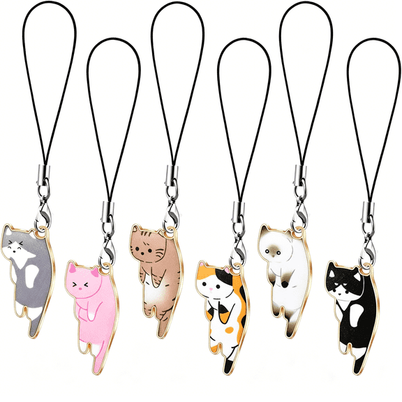 DESIGNICE 6 Pcs Cat Phone Charm Kawaii Cell Phone Charms Cute Hanging Cat Strap Aesthetic Animal Hanging Chain Accessories for Decoration, Backpack, Wallet, Keychain Pendant