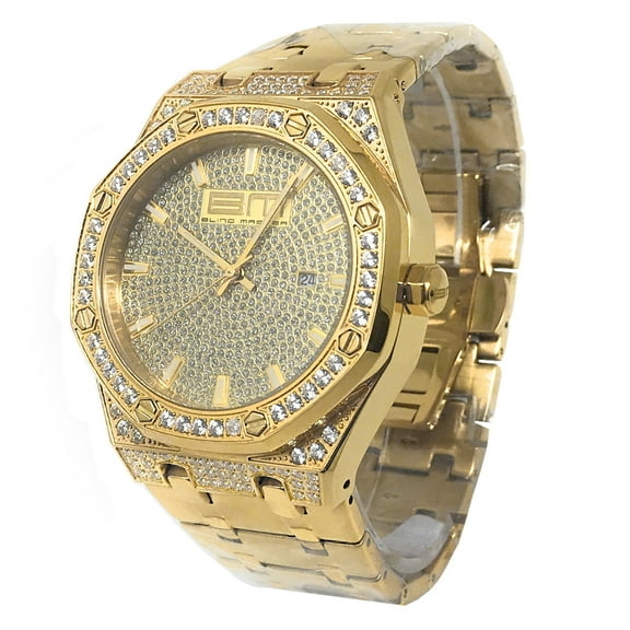 Men's Full Stainless Steel Yellow Gold Tone Tarnish Free A   Cz Heavy Dress Watch New