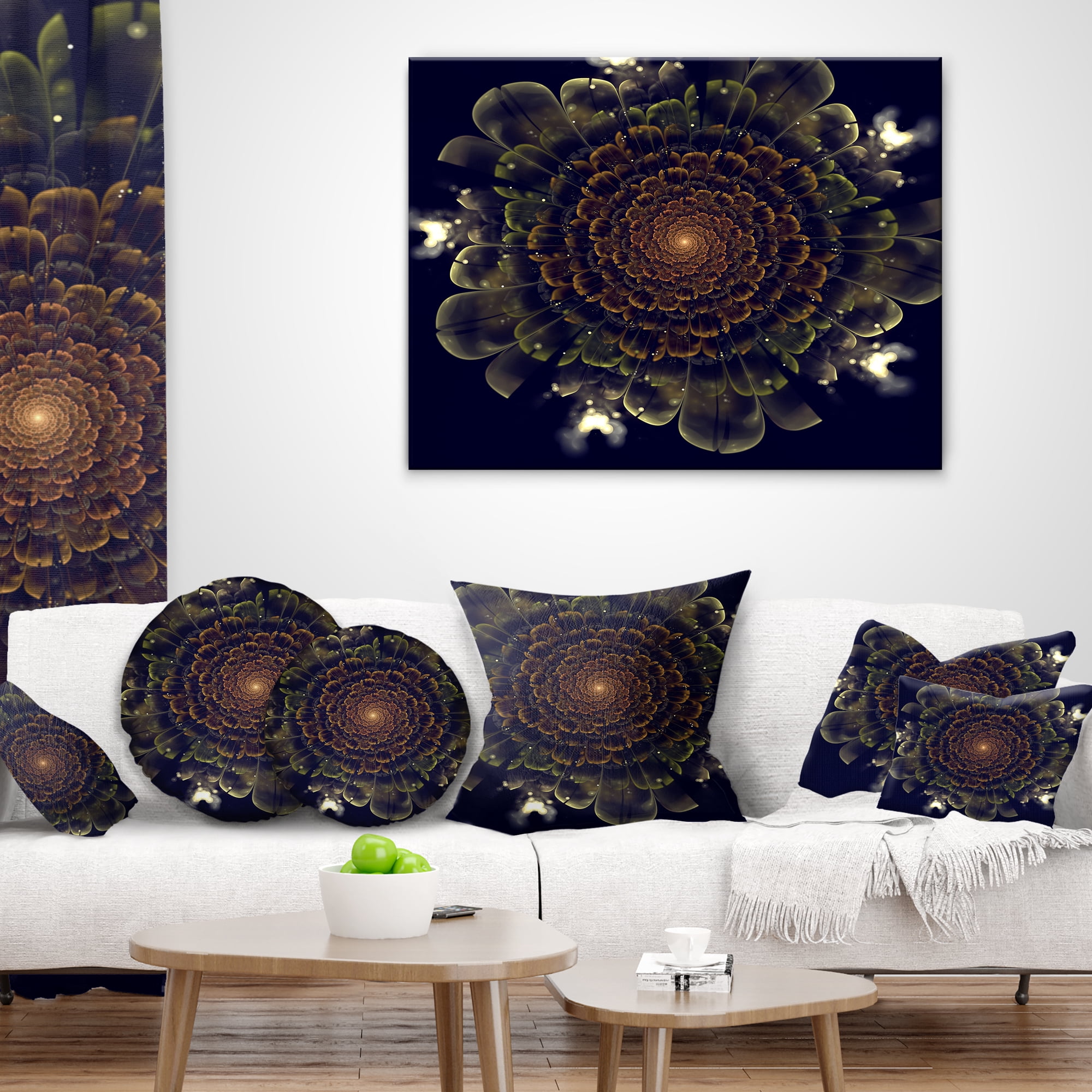 Designart Orange Fractal Flower with Green - Abstract Throw Pillow - 12x20
